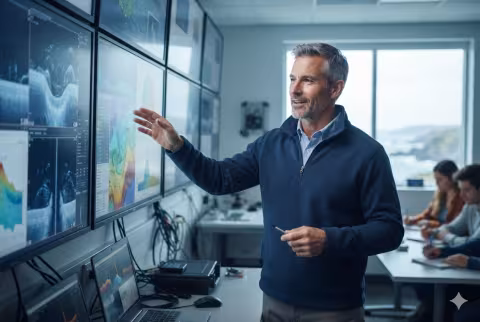 Oceanography instructor in a research station control room — Person `main_image`, faculty teaching.